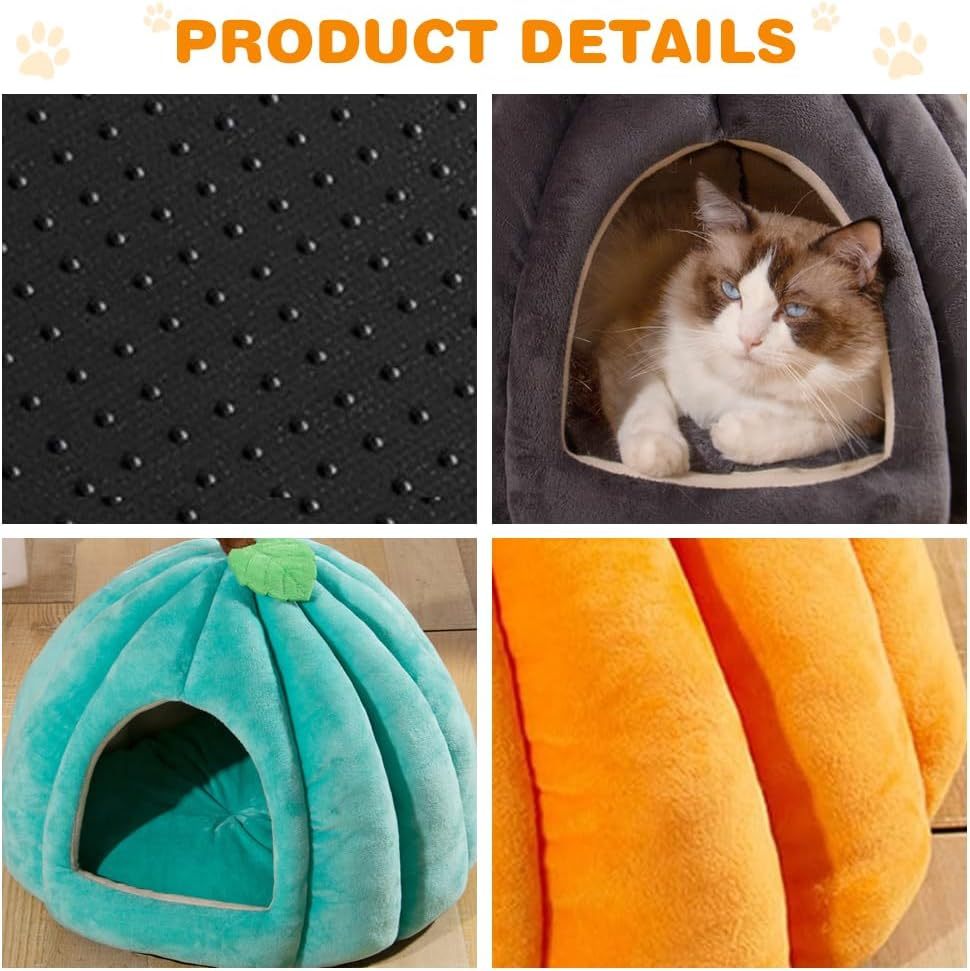 JMT-071242 Cozy Pumpkin-Shaped Cat Cave Bed for Indoor Cats and Small Dogs - Warm, Plush, and Removable Washing Mat