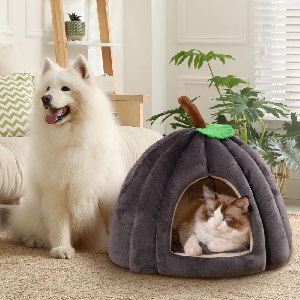 JMT-071242 Cozy Pumpkin-Shaped Cat Cave Bed for Indoor Cats and Small Dogs - Warm, Plush, and Removable Washing Mat