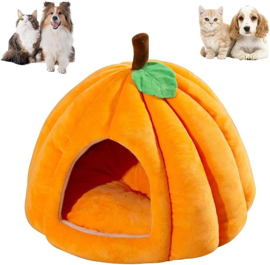 JMT-071242 Cozy Pumpkin-Shaped Cat Cave Bed for Indoor Cats and Small Dogs - Warm, Plush, and Removable Washing Mat