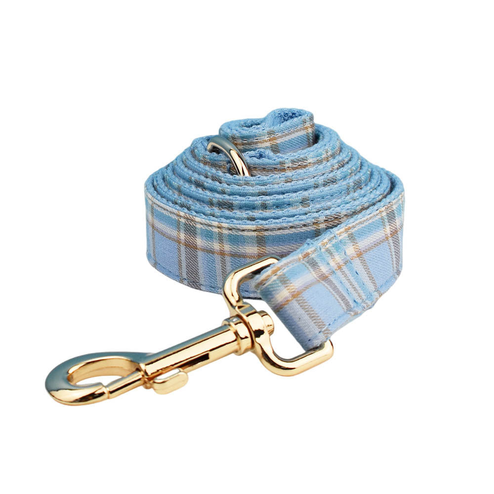 JMT-071882 Sky Blue Grid Forest Series Four-Piece Dog Collar and Leash Set with Bow and Vest