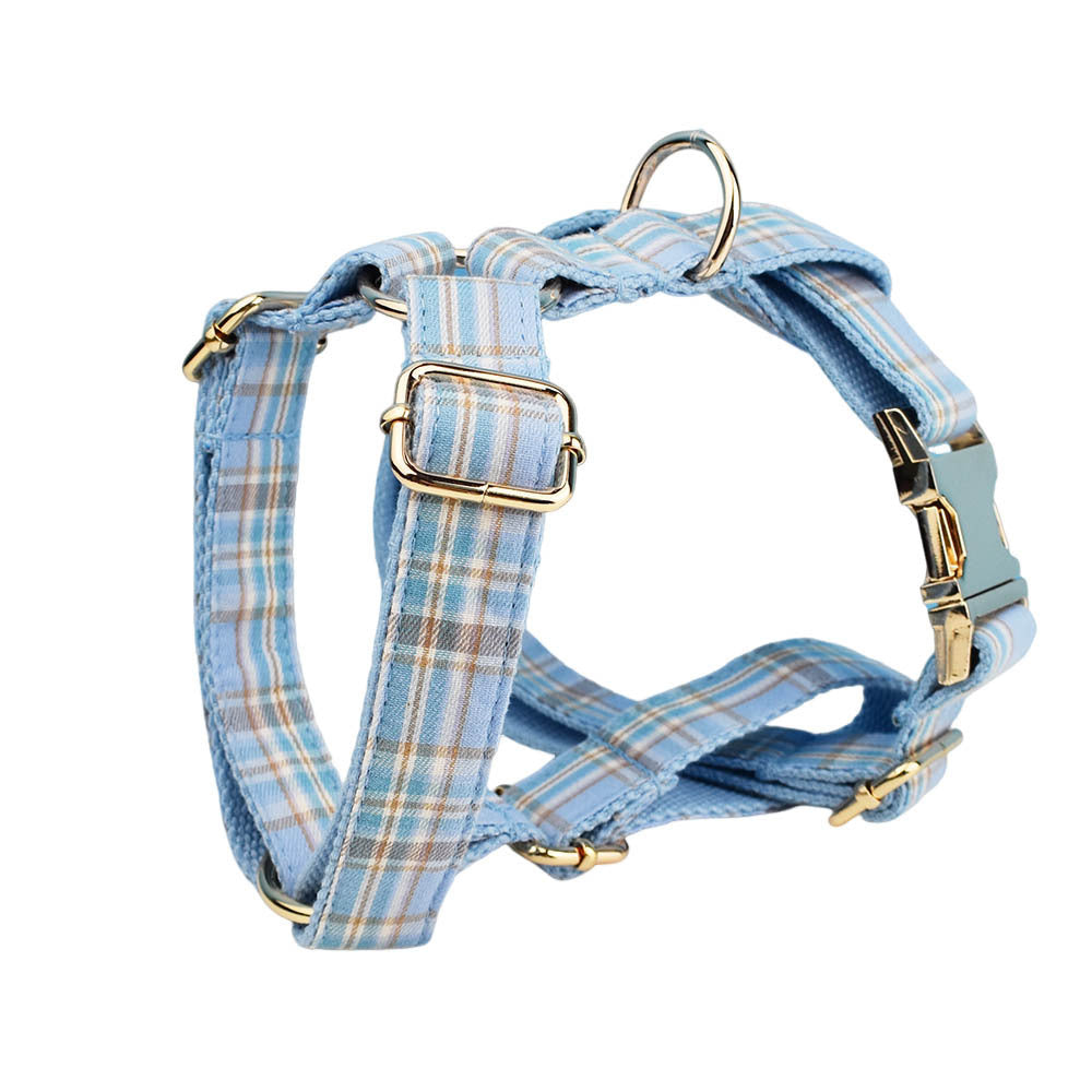 JMT-071882 Sky Blue Grid Forest Series Four-Piece Dog Collar and Leash Set with Bow and Vest