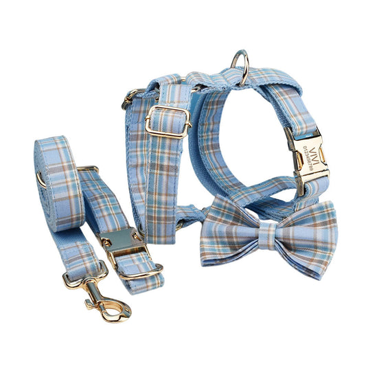 JMT-071882 Sky Blue Grid Forest Series Four-Piece Dog Collar and Leash Set with Bow and Vest