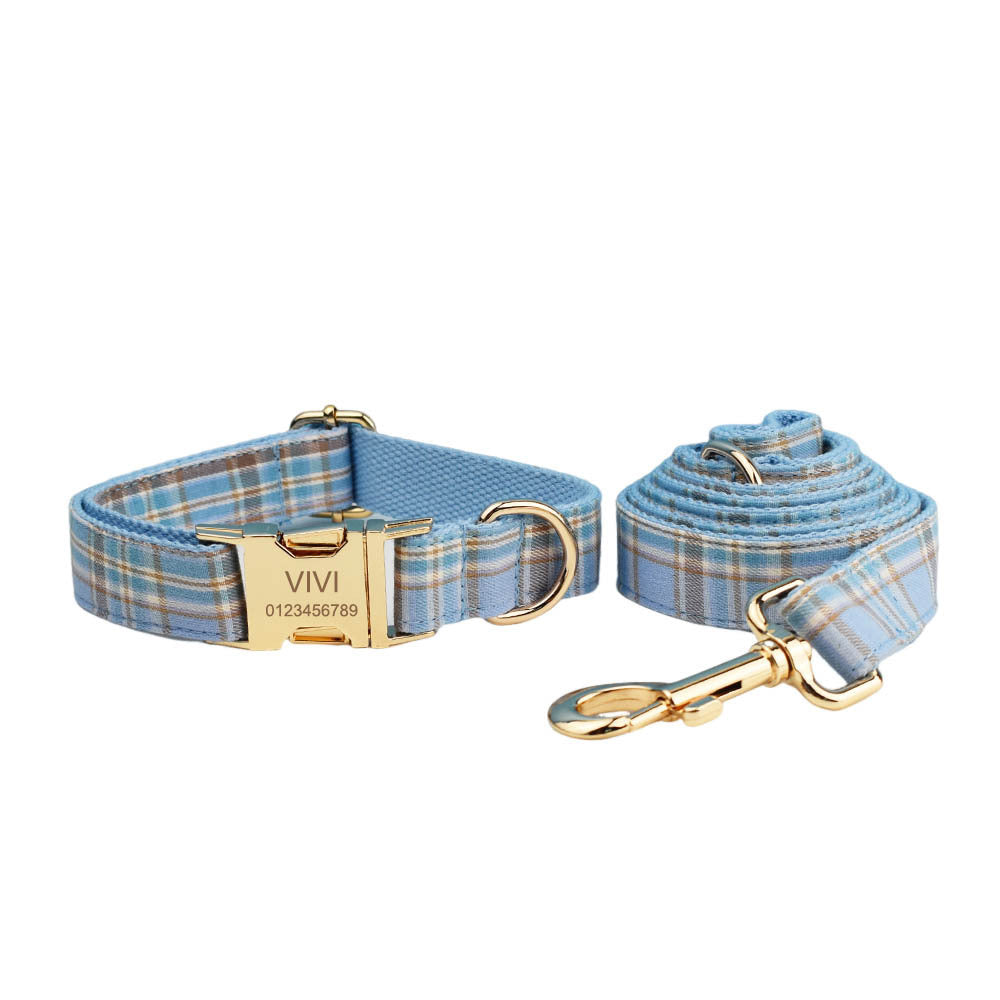 JMT-071882 Sky Blue Grid Forest Series Four-Piece Dog Collar and Leash Set with Bow and Vest