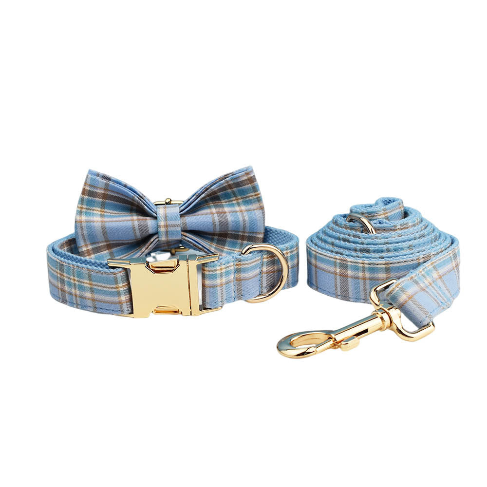 JMT-071882 Sky Blue Grid Forest Series Four-Piece Dog Collar and Leash Set with Bow and Vest