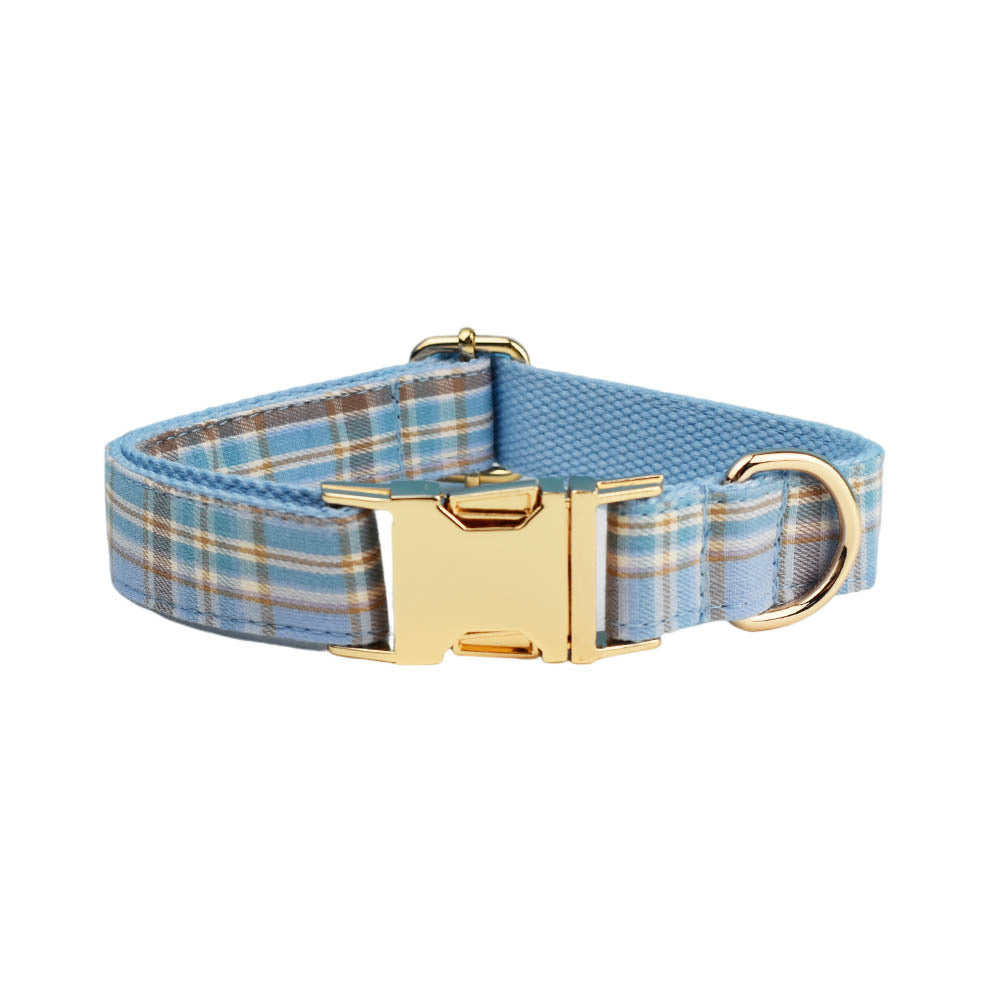 JMT-071882 Sky Blue Grid Forest Series Four-Piece Dog Collar and Leash Set with Bow and Vest