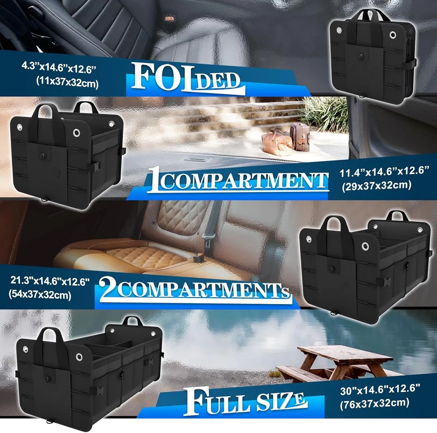 JMT-072010 Heavy Duty Foldable Car Trunk Organizer with Lid - Collapsible Storage Solution for Vehicle Cargo Management