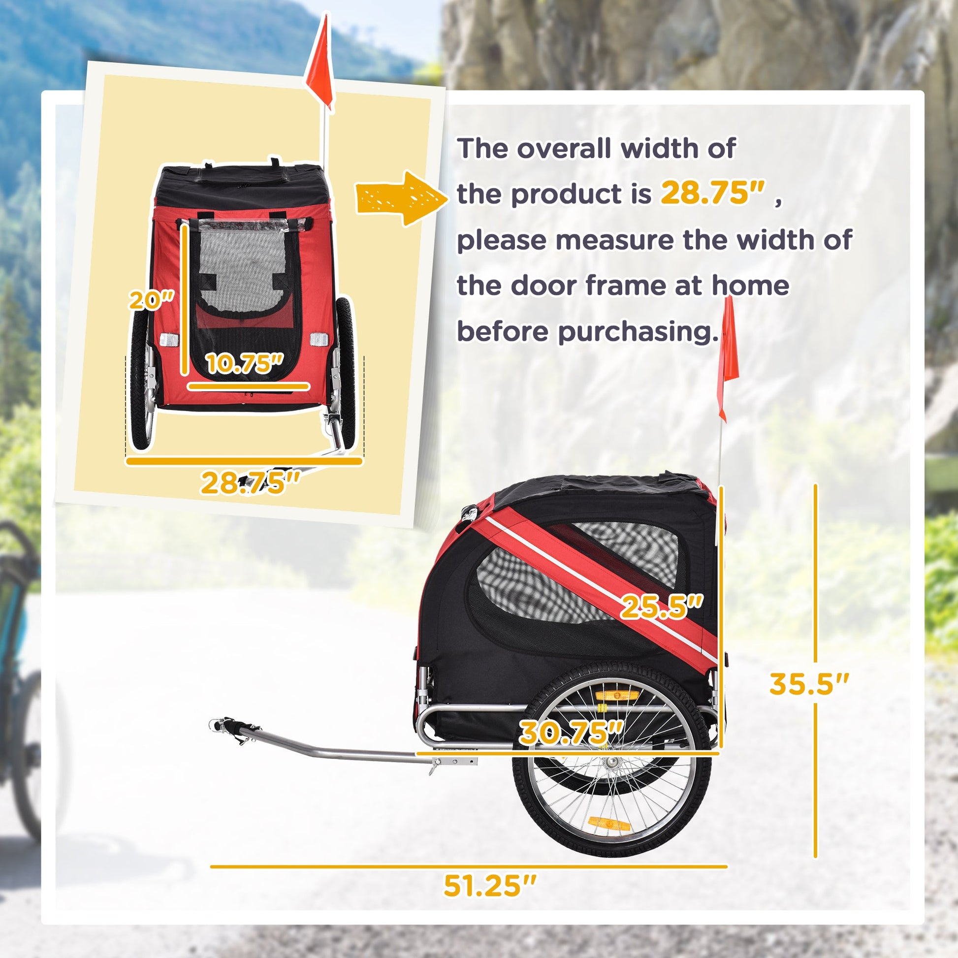 JMT-072394 Dog Bike Trailer with Folding Cart Frame, Large Wheels, 3 Entrances, Mesh Screen, for Dogs Up to 44 lbs, Red and Black