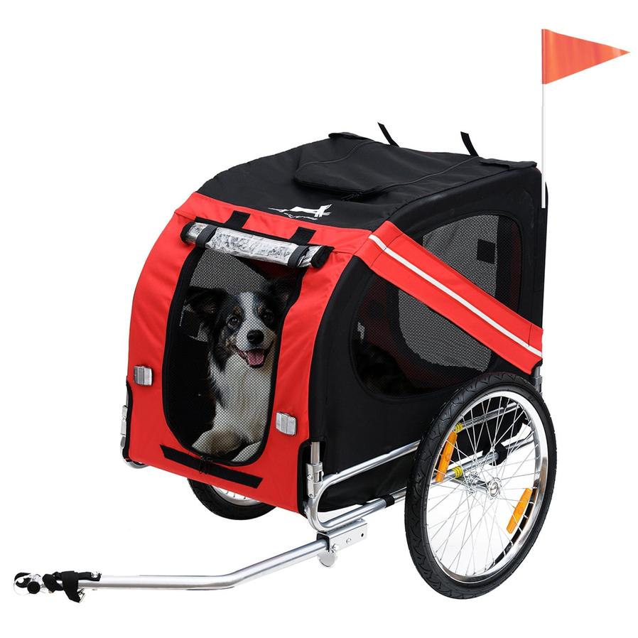 JMT-072394 Dog Bike Trailer with Folding Cart Frame, Large Wheels, 3 Entrances, Mesh Screen, for Dogs Up to 44 lbs, Red and Black