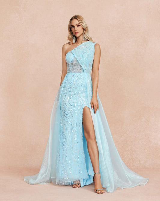 JMT-072778 Elegant Blue Evening Dress with Pleated Design for Women