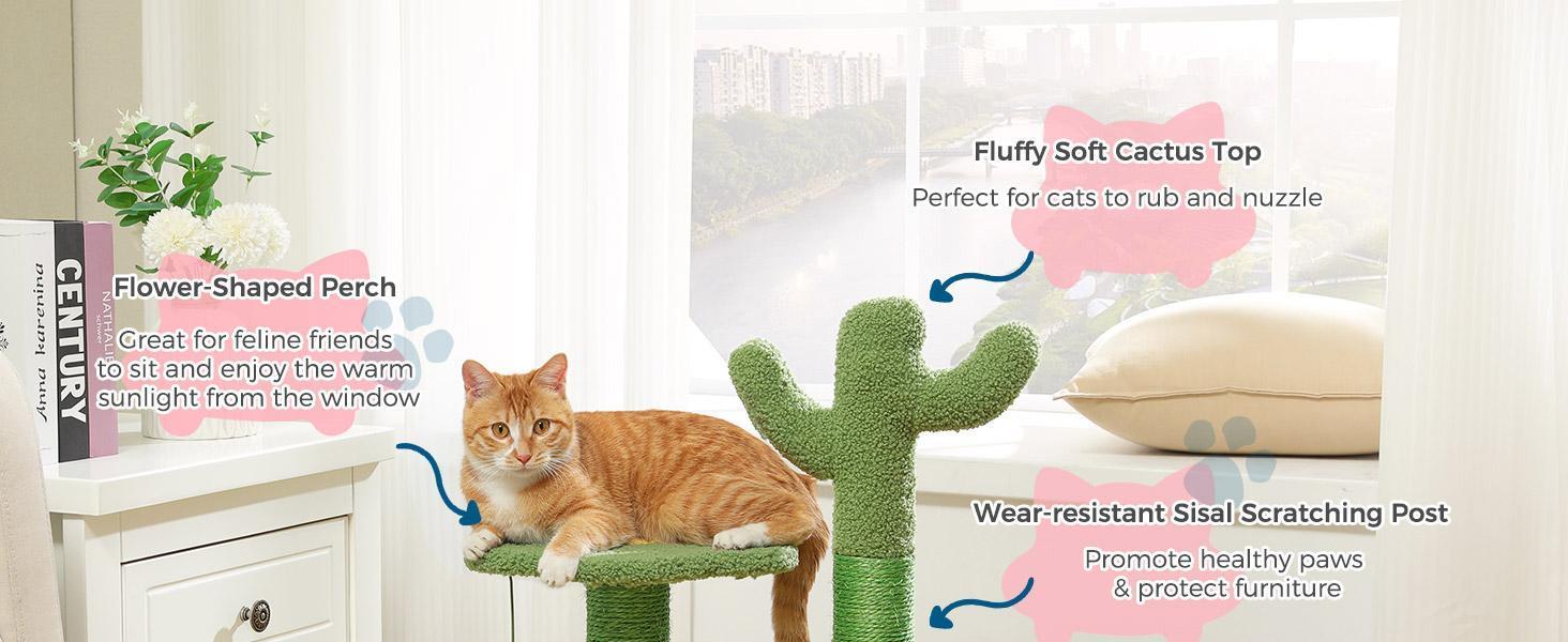 JMT-073546 Cactus Cat Tree with Flower Perch, Soft Top, and Hanging Ball for Indoor Cats