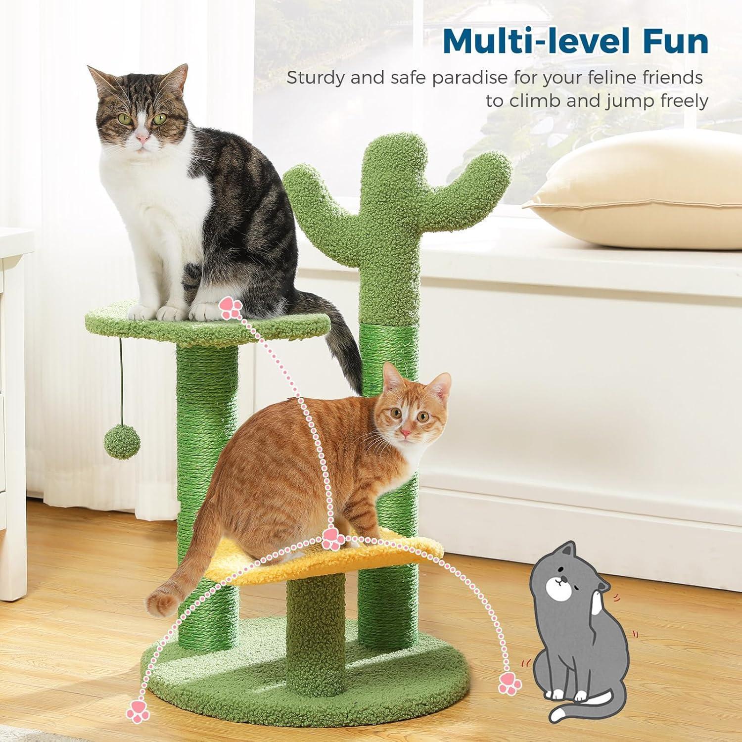 JMT-073546 Cactus Cat Tree with Flower Perch, Soft Top, and Hanging Ball for Indoor Cats