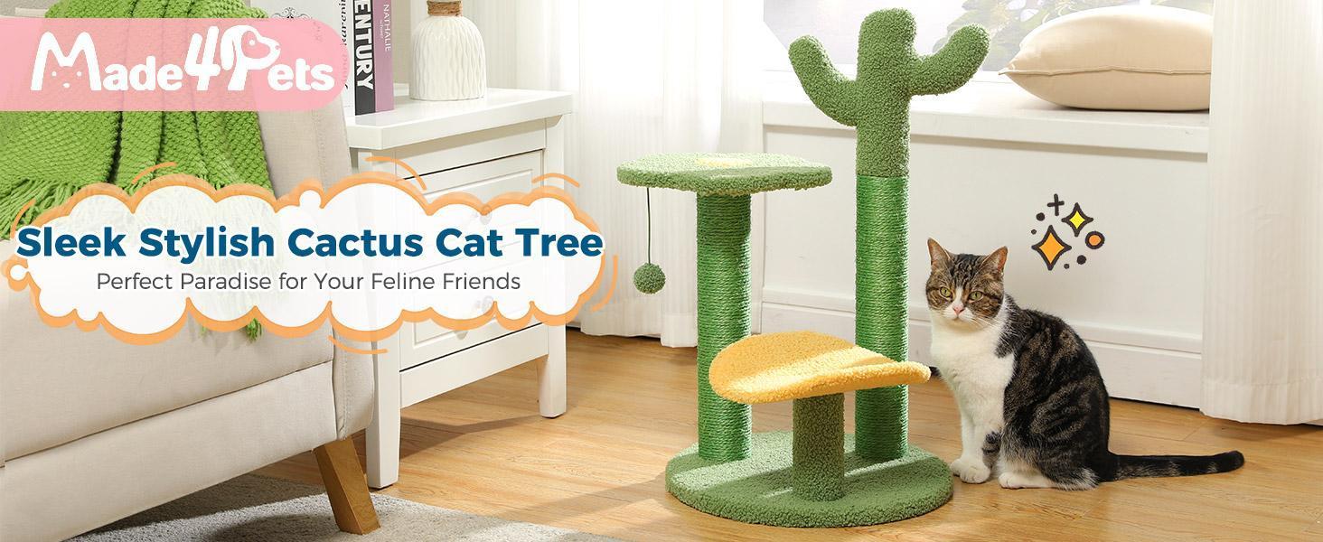 JMT-073546 Cactus Cat Tree with Flower Perch, Soft Top, and Hanging Ball for Indoor Cats