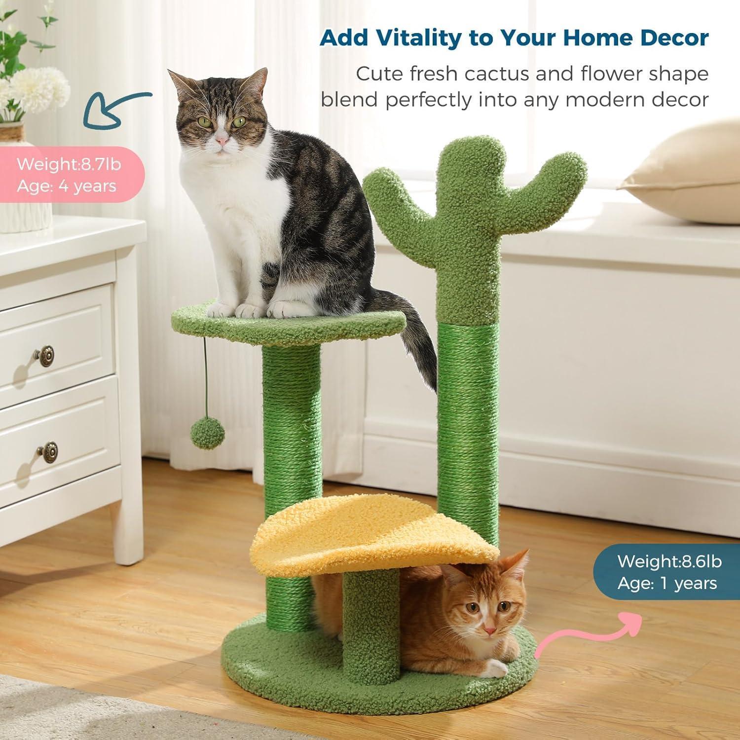 JMT-073546 Cactus Cat Tree with Flower Perch, Soft Top, and Hanging Ball for Indoor Cats