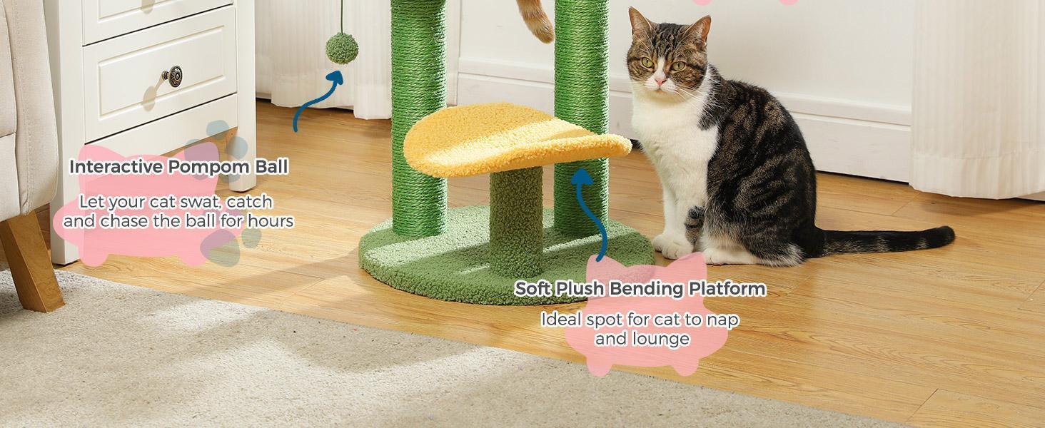 JMT-073546 Cactus Cat Tree with Flower Perch, Soft Top, and Hanging Ball for Indoor Cats