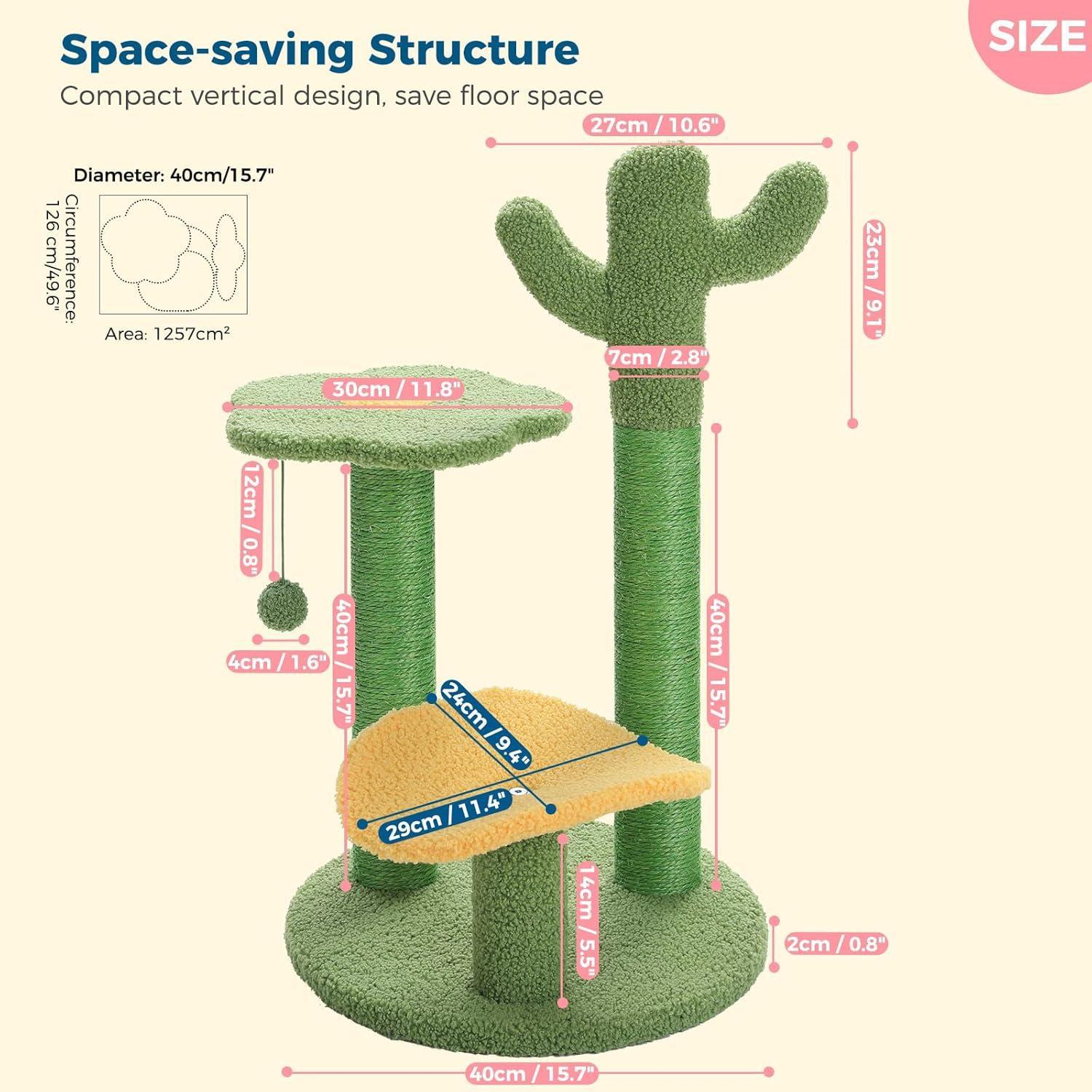 JMT-073546 Cactus Cat Tree with Flower Perch, Soft Top, and Hanging Ball for Indoor Cats