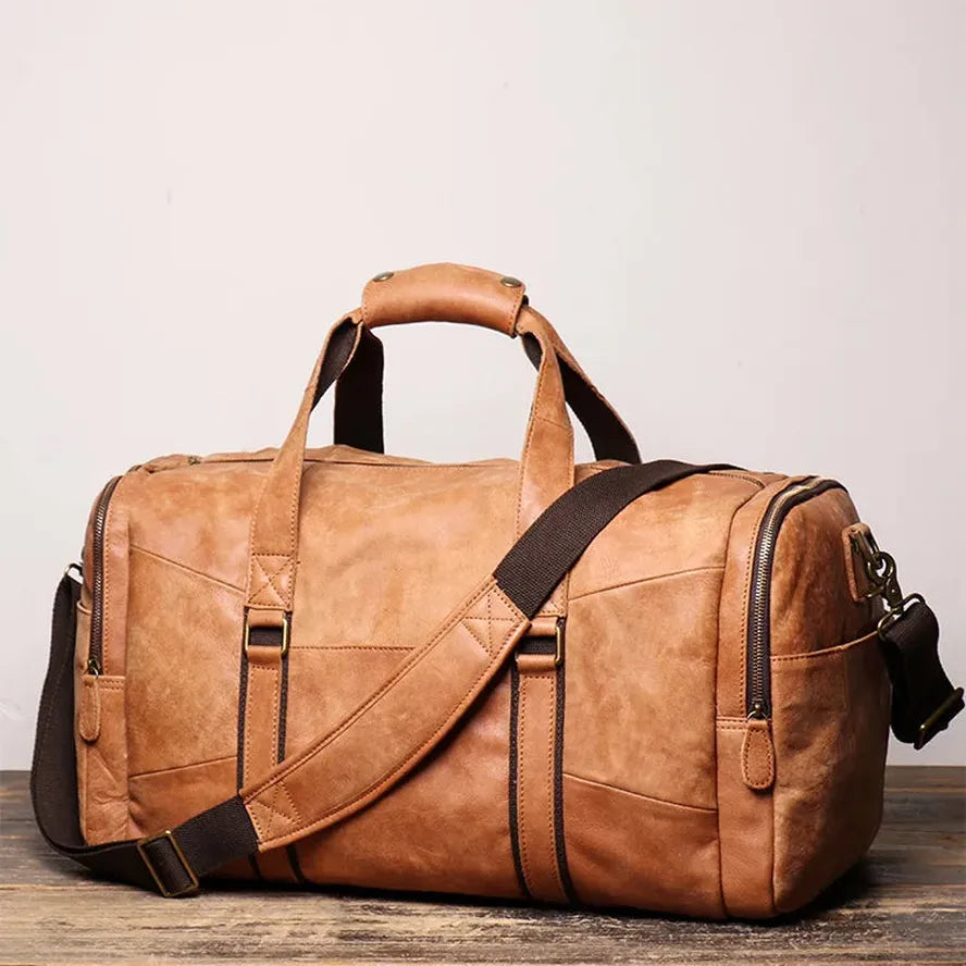 JMT-073930 Retro Genuine Leather Travel Bag - Large Capacity Crossbody for Men and Women, Waterproof Waxed Canvas, 55cm x 25cm x 28cm
