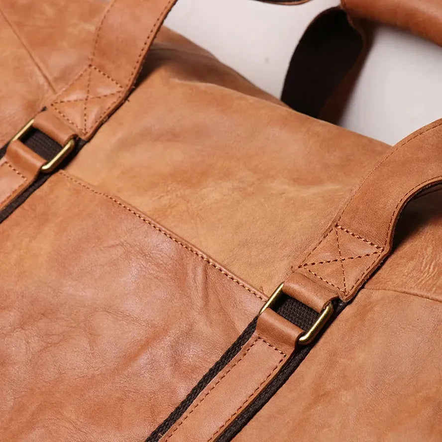 JMT-073930 Retro Genuine Leather Travel Bag - Large Capacity Crossbody for Men and Women, Waterproof Waxed Canvas, 55cm x 25cm x 28cm