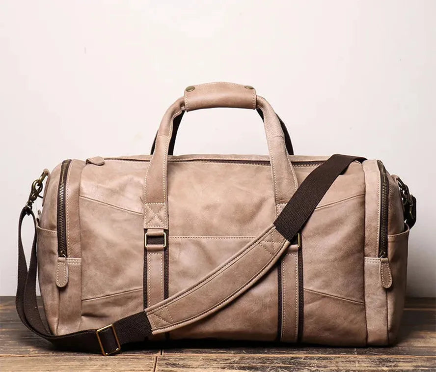 JMT-073930 Retro Genuine Leather Travel Bag - Large Capacity Crossbody for Men and Women, Waterproof Waxed Canvas, 55cm x 25cm x 28cm