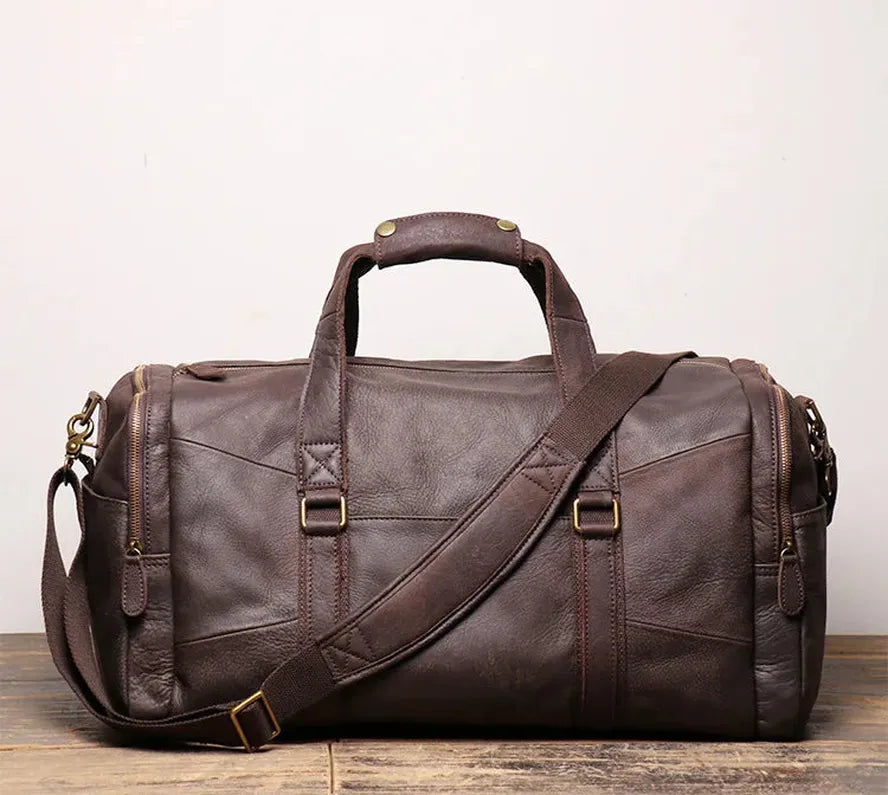 JMT-073930 Retro Genuine Leather Travel Bag - Large Capacity Crossbody for Men and Women, Waterproof Waxed Canvas, 55cm x 25cm x 28cm
