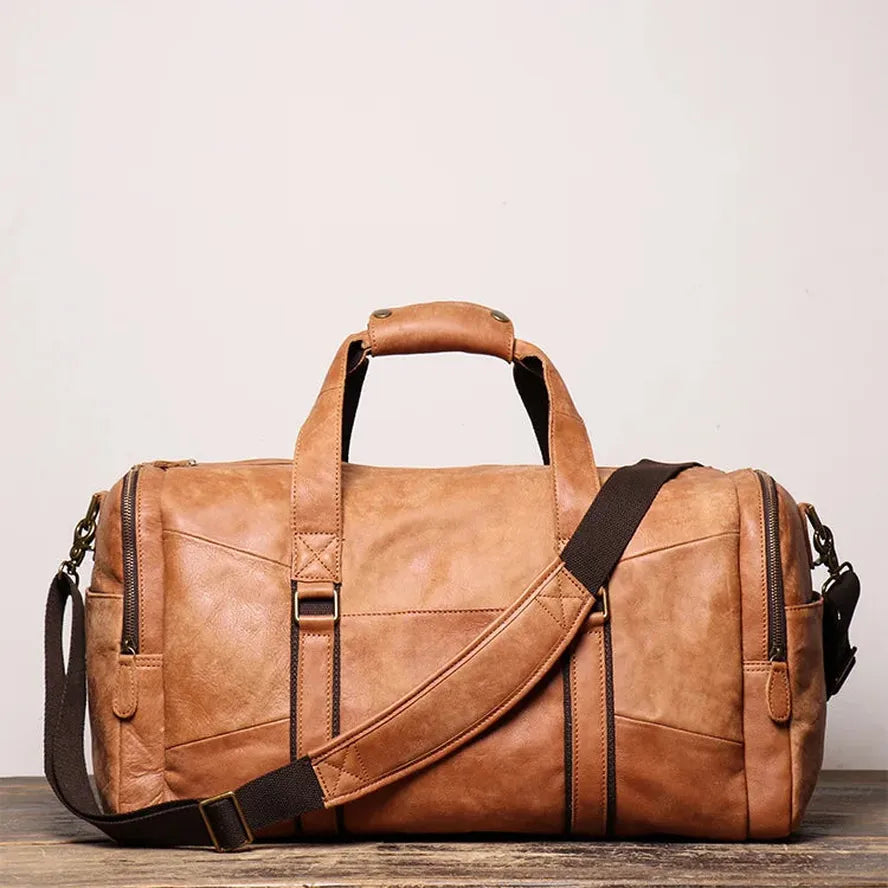 JMT-073930 Retro Genuine Leather Travel Bag - Large Capacity Crossbody for Men and Women, Waterproof Waxed Canvas, 55cm x 25cm x 28cm