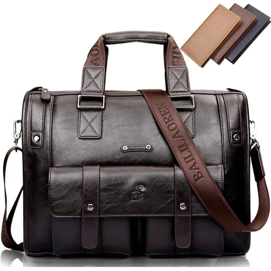 JMT-074506 Vintage Men's Black Leather Briefcase and Shoulder Bag for Laptop and Travel