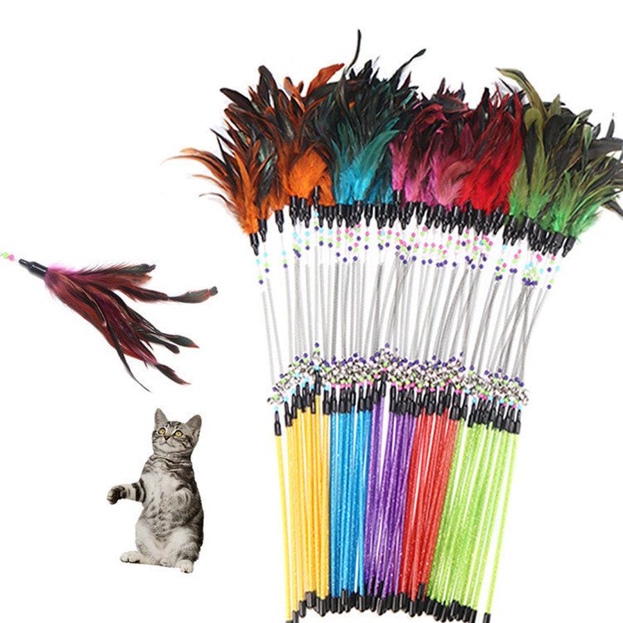 JMT-074826 Colored Spring Bell Cat Toy with Feather and Beads - 15.5cm Interactive Play Stick