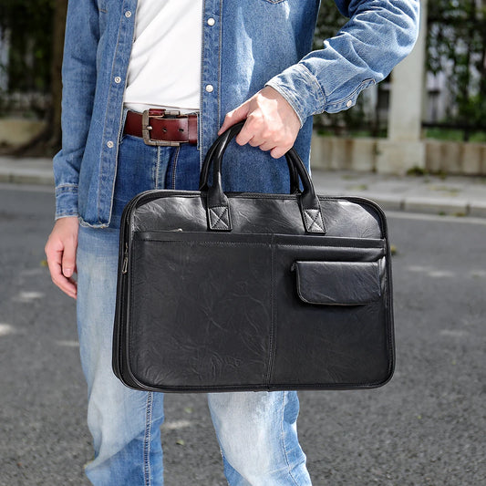 JMT-075658 Men's Genuine Leather Business Executive Laptop Bag - Versatile Briefcase for Office and Documents
