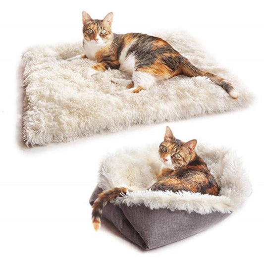 JMT-076298 Convertible Plush Pet Mat - Soft and Machine Washable Cat Bed, Dual-Use Design, Easy to Fold, Modern White and Gray Style