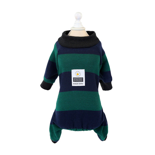 JMT-076618 Striped Velvet Dog Pajamas - Soft Cotton Pet Clothing in Blue, Red, and Green, Sizes S to 2XL