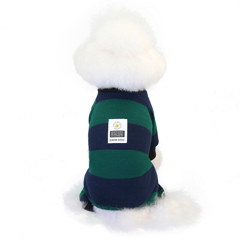 JMT-076618 Striped Velvet Dog Pajamas - Soft Cotton Pet Clothing in Blue, Red, and Green, Sizes S to 2XL