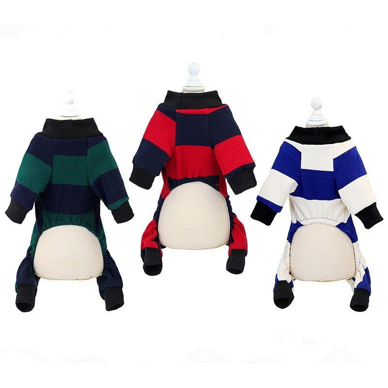 JMT-076618 Striped Velvet Dog Pajamas - Soft Cotton Pet Clothing in Blue, Red, and Green, Sizes S to 2XL