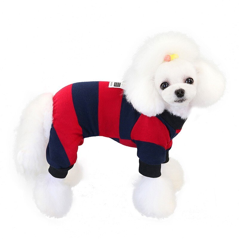JMT-076618 Striped Velvet Dog Pajamas - Soft Cotton Pet Clothing in Blue, Red, and Green, Sizes S to 2XL