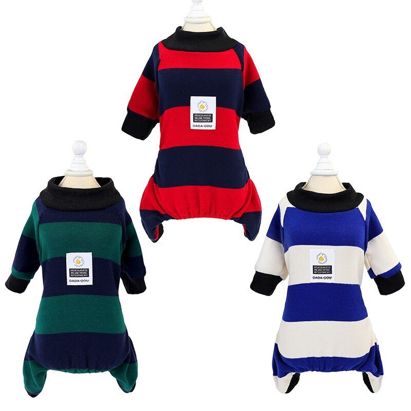 JMT-076618 Striped Velvet Dog Pajamas - Soft Cotton Pet Clothing in Blue, Red, and Green, Sizes S to 2XL