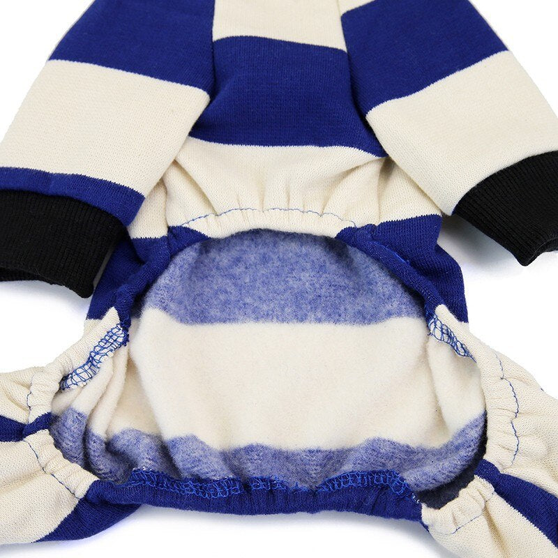 JMT-076618 Striped Velvet Dog Pajamas - Soft Cotton Pet Clothing in Blue, Red, and Green, Sizes S to 2XL