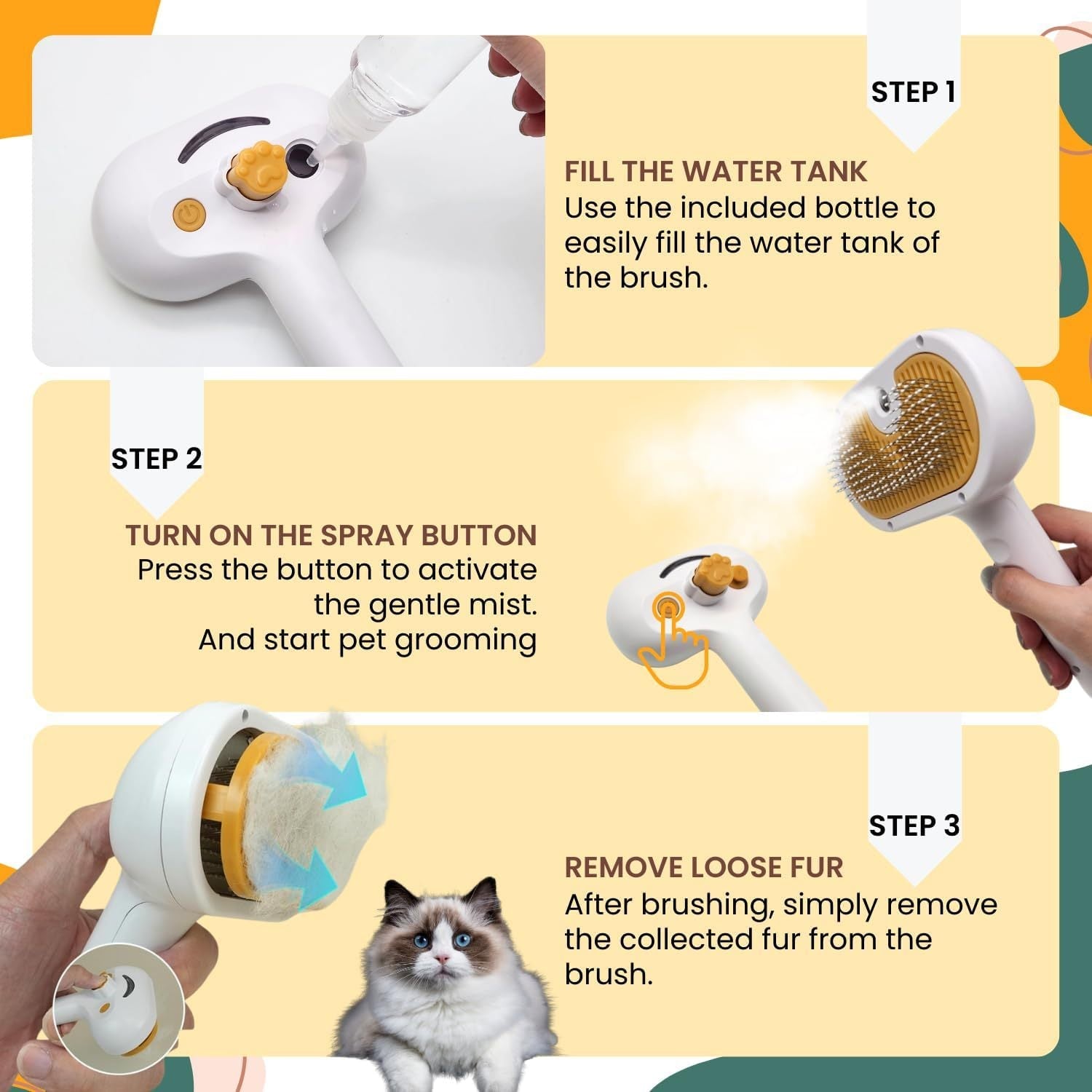JMT-076810 Steam Mist Grooming Brush for Cats and Dogs with Self-Cleaning Design and Built-In Water Tank