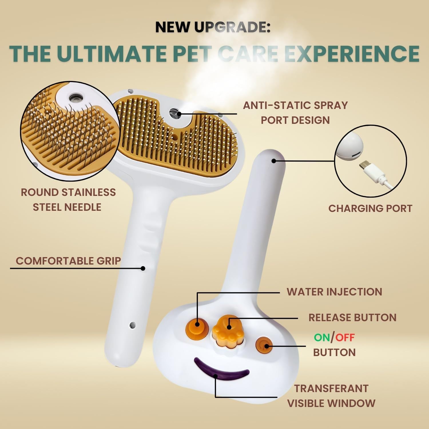 JMT-076810 Steam Mist Grooming Brush for Cats and Dogs with Self-Cleaning Design and Built-In Water Tank