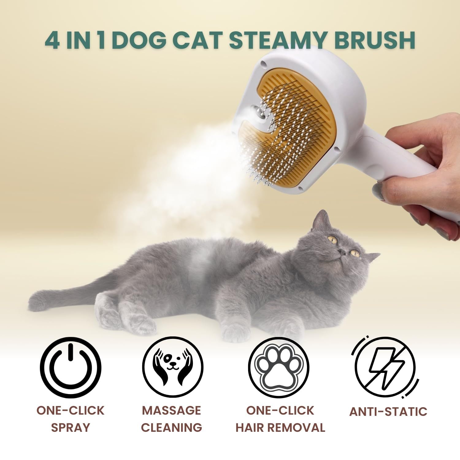 JMT-076810 Steam Mist Grooming Brush for Cats and Dogs with Self-Cleaning Design and Built-In Water Tank