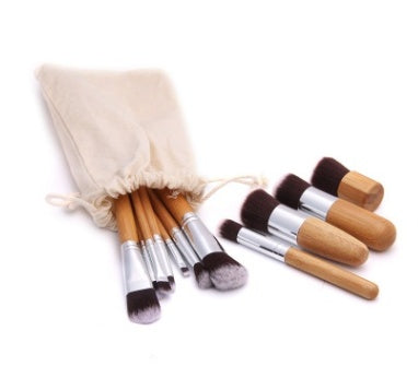 JMT-077258 11-Piece Bamboo Handle Makeup Brush Set with Linen Bag for Blush and Foundation Application