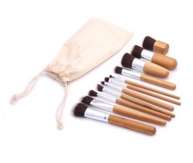 JMT-077258 11-Piece Bamboo Handle Makeup Brush Set with Linen Bag for Blush and Foundation Application