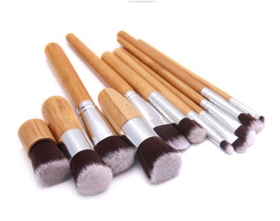 JMT-077258 11-Piece Bamboo Handle Makeup Brush Set with Linen Bag for Blush and Foundation Application