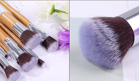 JMT-077258 11-Piece Bamboo Handle Makeup Brush Set with Linen Bag for Blush and Foundation Application