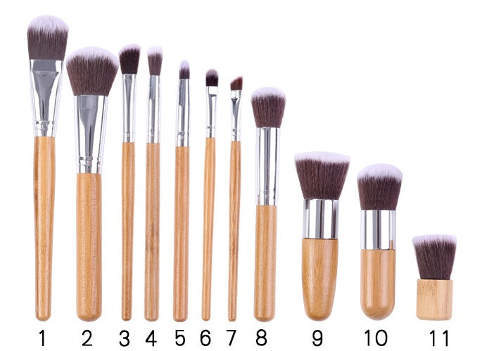 JMT-077258 11-Piece Bamboo Handle Makeup Brush Set with Linen Bag for Blush and Foundation Application