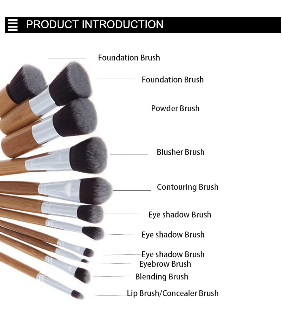 JMT-077258 11-Piece Bamboo Handle Makeup Brush Set with Linen Bag for Blush and Foundation Application