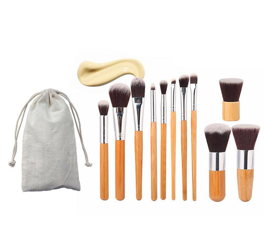 JMT-077258 11-Piece Bamboo Handle Makeup Brush Set with Linen Bag for Blush and Foundation Application