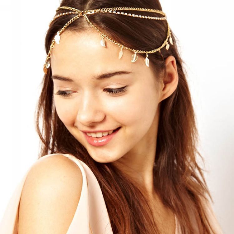 JMT-078666 Multi-Layered Tassel Headband with Diamond-Studded Leaf Design in Gold