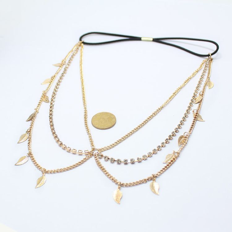 JMT-078666 Multi-Layered Tassel Headband with Diamond-Studded Leaf Design in Gold