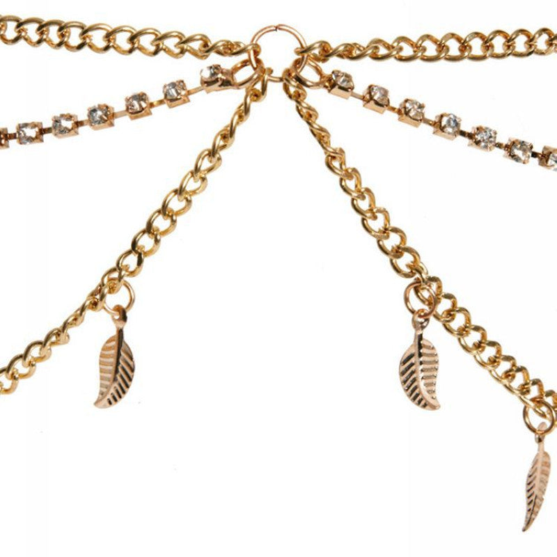 JMT-078666 Multi-Layered Tassel Headband with Diamond-Studded Leaf Design in Gold