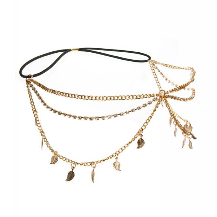 JMT-078666 Multi-Layered Tassel Headband with Diamond-Studded Leaf Design in Gold