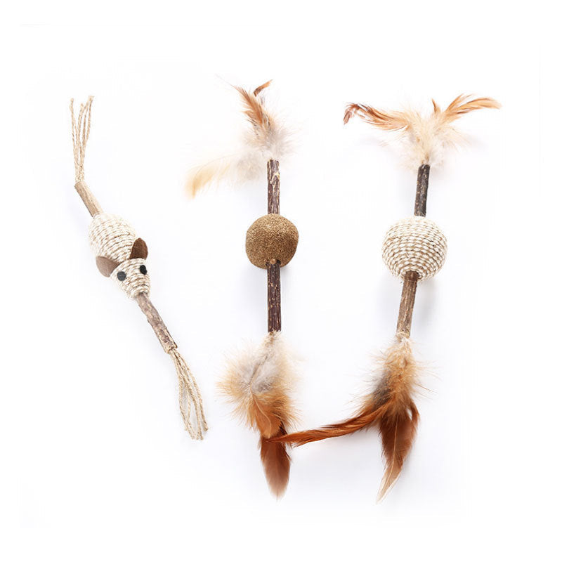 JMT-080586 Wooden Cat Toy with Catnip, Feather, and Hemp Rope - Variety of Designs