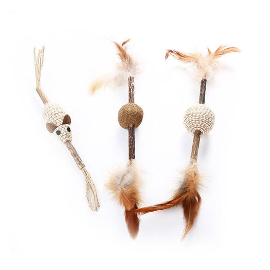 JMT-080586 Wooden Cat Toy with Catnip, Feather, and Hemp Rope - Variety of Designs